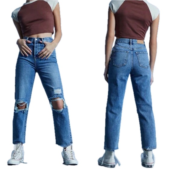 PacSun Denim - PacSun Medium Wash Blue Distressed High Rise Straight Leg Ankle Jeans Size 24